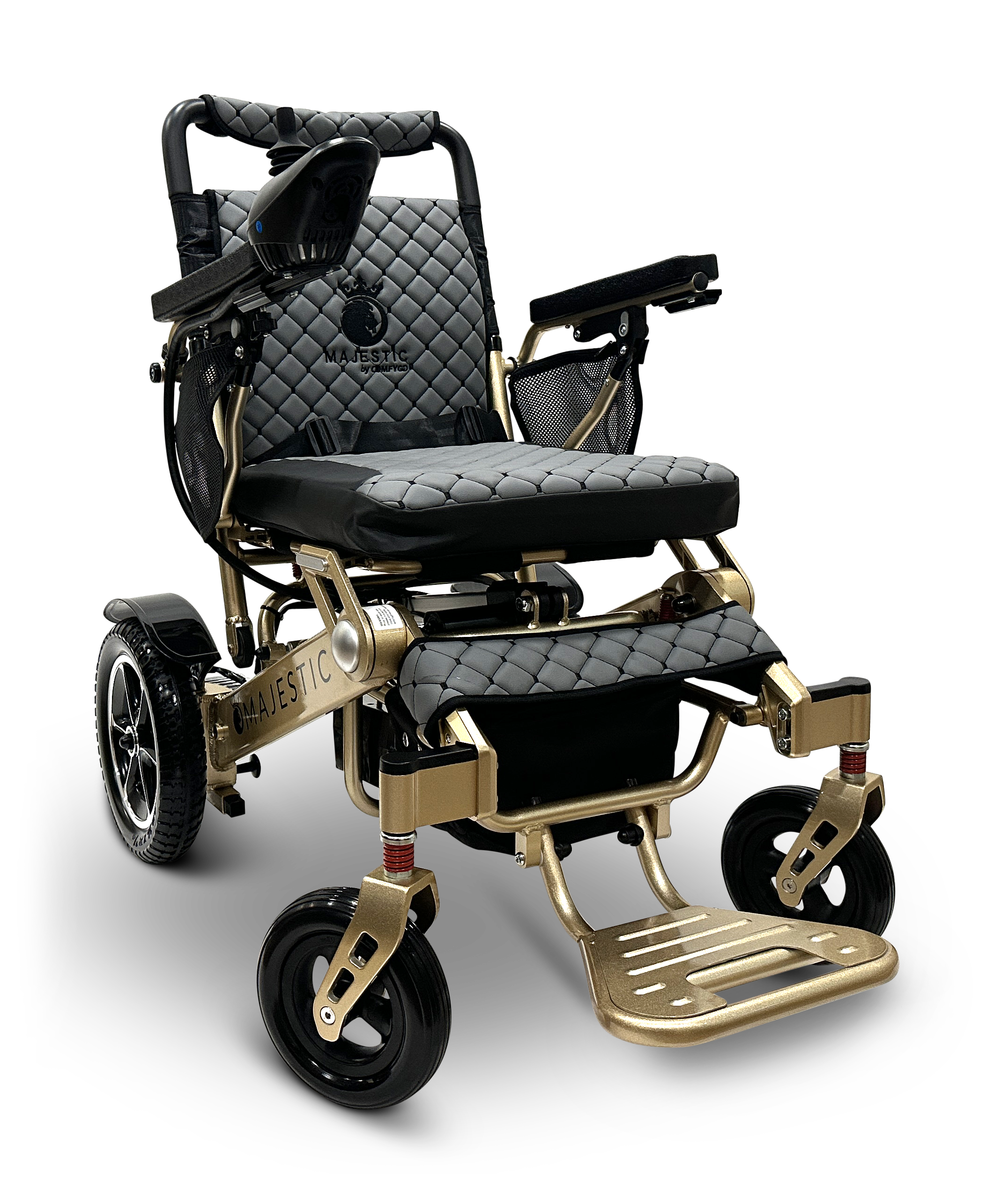 Introducing the MAJESTIC IQ-7000 Remote Controlled Electric Wheelchair, a chic black and gold wheelchair featuring a quilted seat and backrest. Designed with armrests, footrests, and robust wheels, it seamlessly merges luxury with practicality while maintaining a lightweight build for effortless travel.